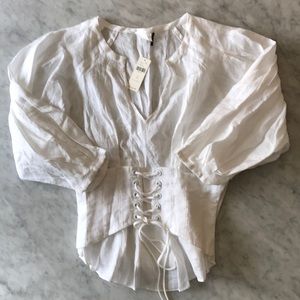 Anthropologie corset-waist white linen top, size 6